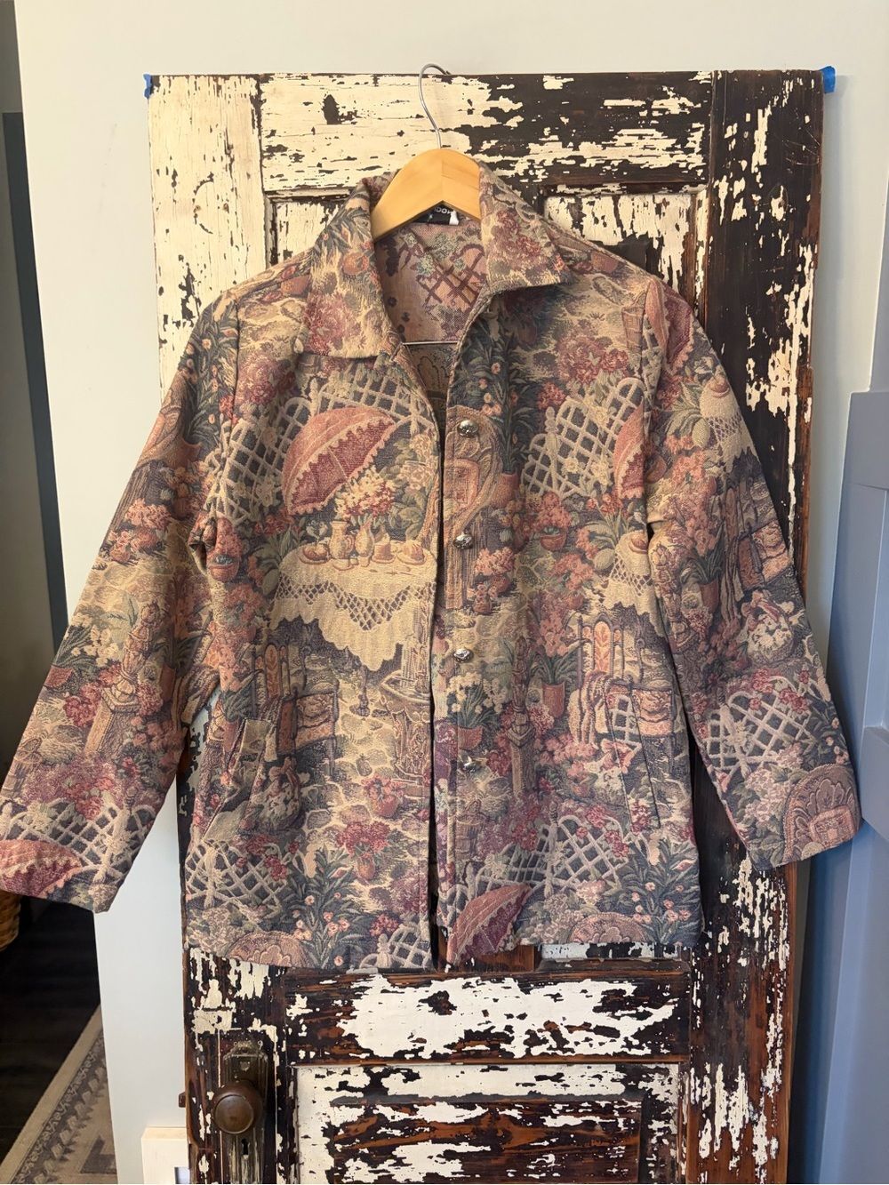 Erin London vintage garden tea floral tapestry Button-Front Jacket. Size small